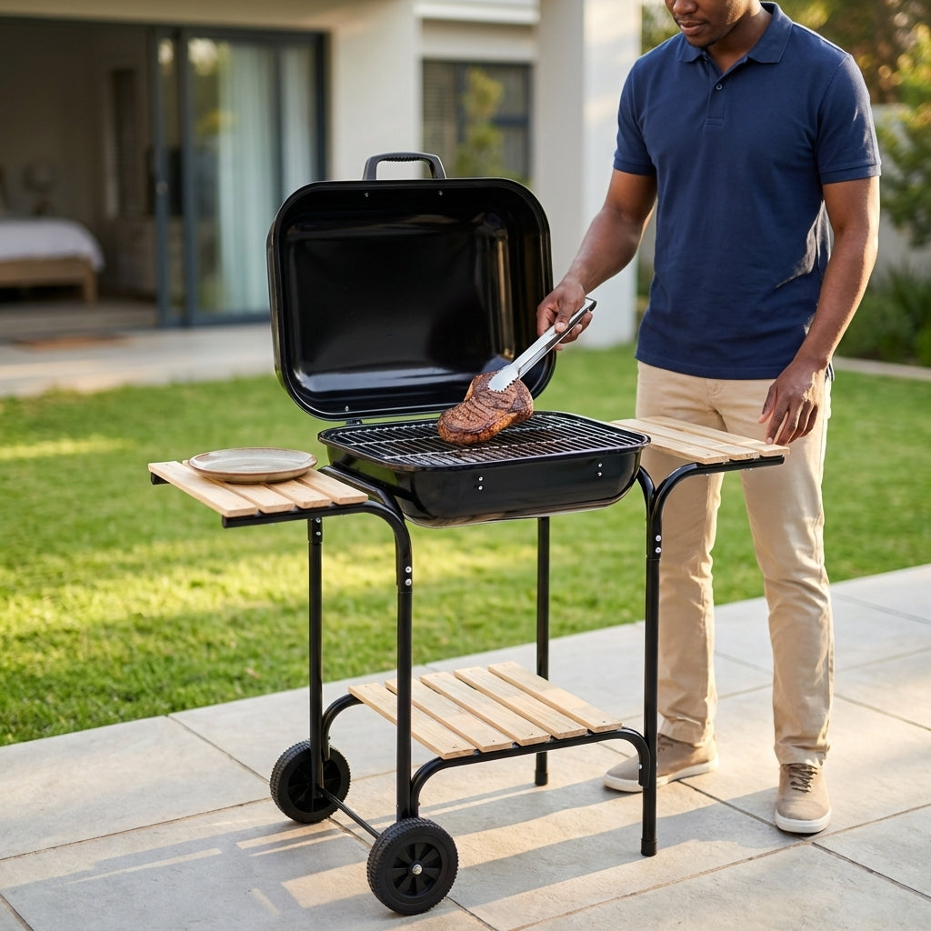 Outdoor Portable Charcoal Grill with Side Shelves