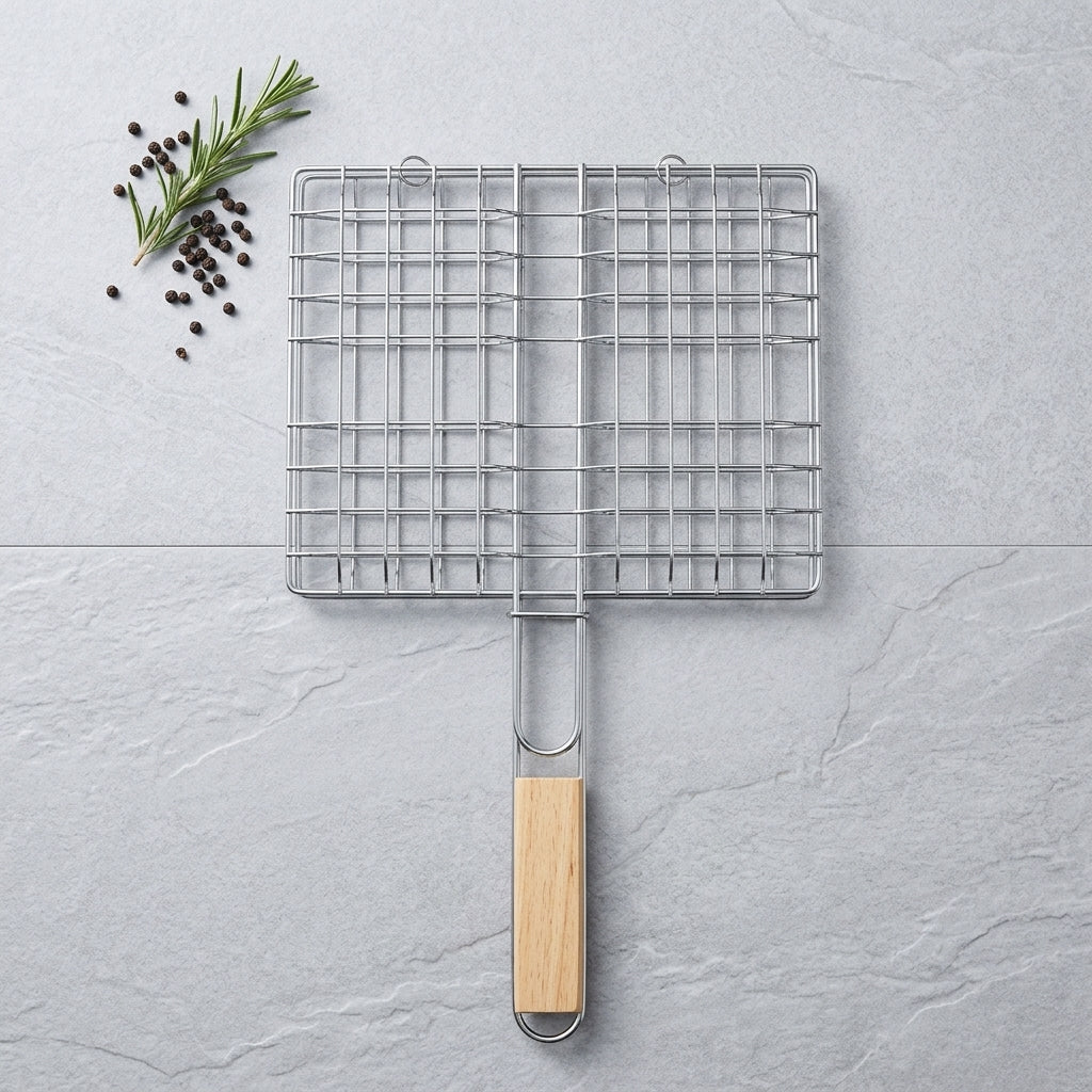 Stainless Steel Barbecue Grilling Basket with Wooden Handle