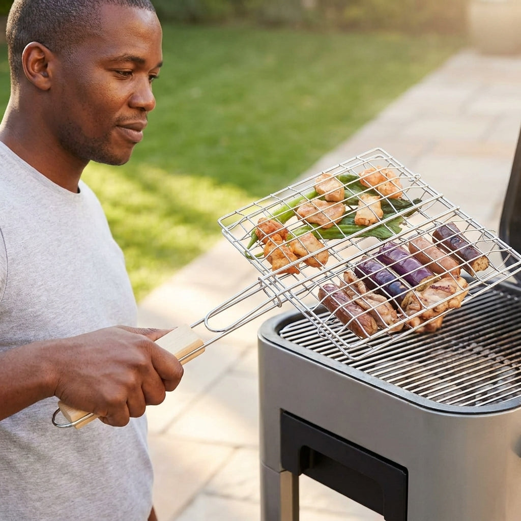 Small Stainless Steel Barbecue Grilling Basket with Wooden Handle